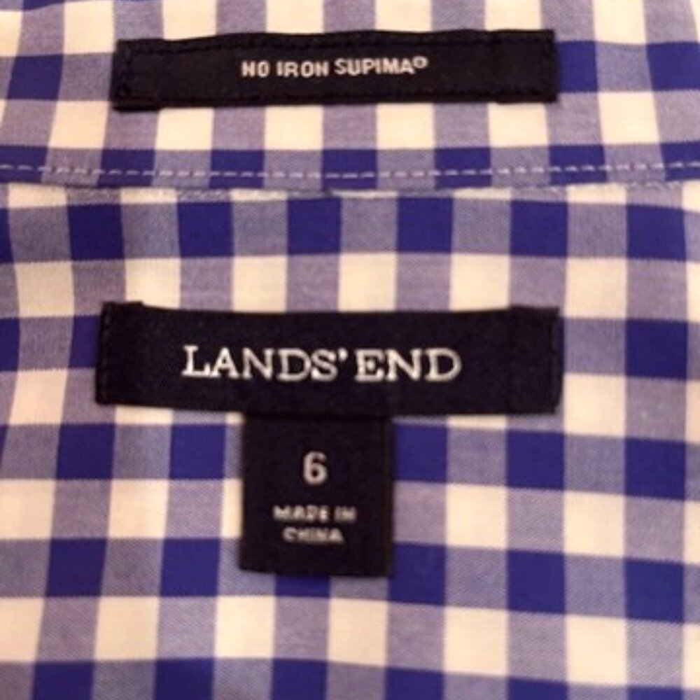 Lands' End No-Iron Supima Cotton Blouse–Blue&White Checked–Size 6 - Picture 4 of 8